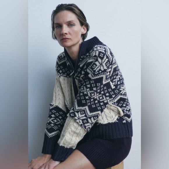 NWT Zara Cable Knit Jacquard Sweater Cardigan in Ecru/Blue Medium